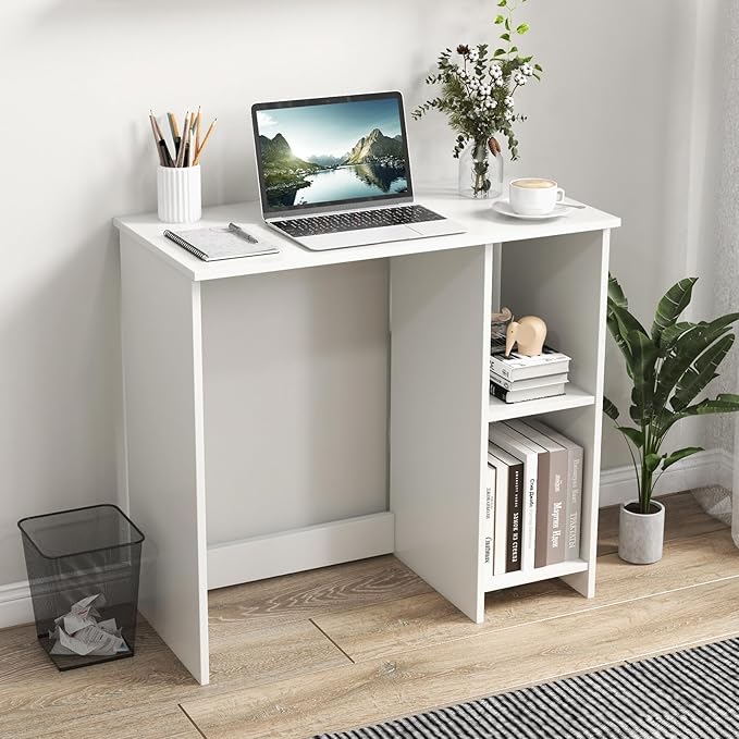 31.5 Inch Small Computer Desk, Wooden Desks for Home Office Small Spaces with Storage Shelves, Modern Simple Style Writing Study Work Desk, Compact White Desk