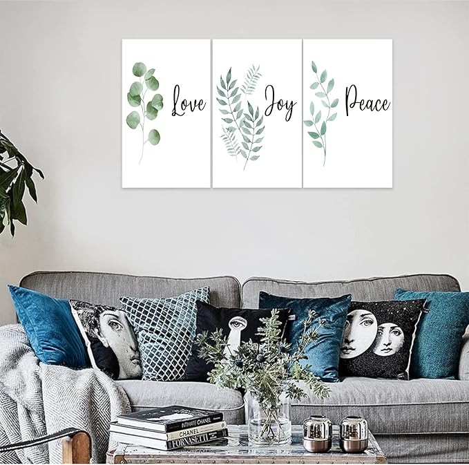 3 Piece Inspirational Wall Art, White Plants Background Picture, Quotes "Love Joy Peace" Canvas Print for Bedroom Decor, Triptych Entrepreneur Painting Framed Artwork for Gym Wall Decor (72"Wx36" H)