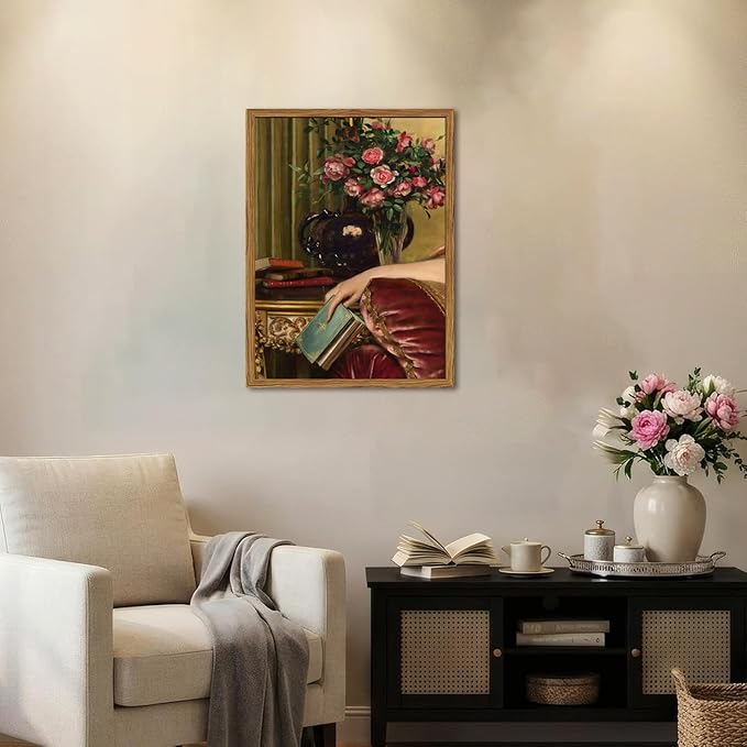 Framed Vintage Wall Art, Moody Victorian Wall Decor Paintings, Mid Century Modern Antique Book Woman Still Life Canvas Prints Pictures Home Decor Aesthetic for Living Room Bedroom Bathroom 16x24 inch