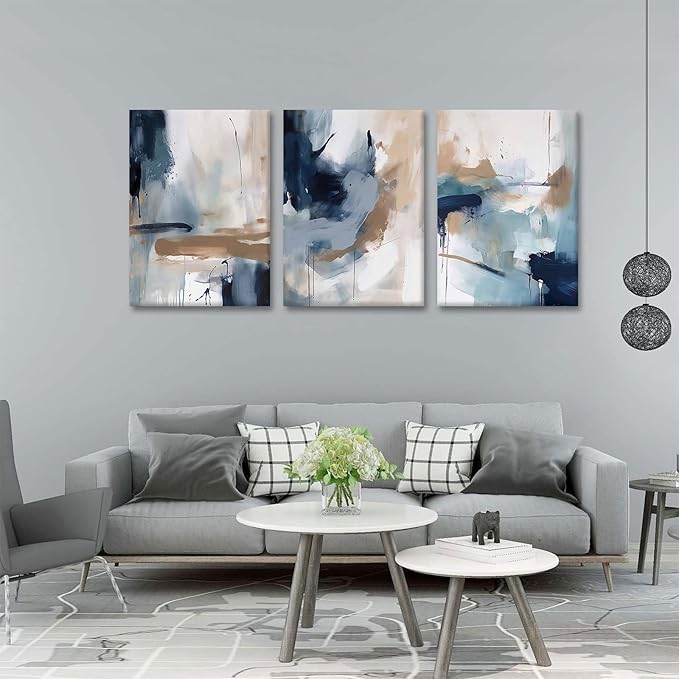 KBKBART 3 Piece Blue Abstract Framed Wall Art For Living Room, Watercolor Ink Navy Blue Canvas Wall Art Modern Minimalist Art Prints Wall Décor For Bedroom Office 12x16in