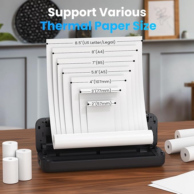 Portable Printer for Travel, Inkless Wireless Thermal Printer Compatible with iOS, Android, Laptop, Bluetooth Printers Supports 8.5"x11" US Letter for Office,Car,Home (Black)