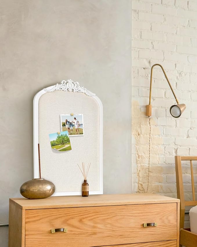 Bulletin Board with Linen, Vintage Arch Framed Pin Board – 15.7" x 24.8" White Cork Board for Walls, White Pine Wood Frame, Fabric Pinboard, Vision Board for School, Home & Office