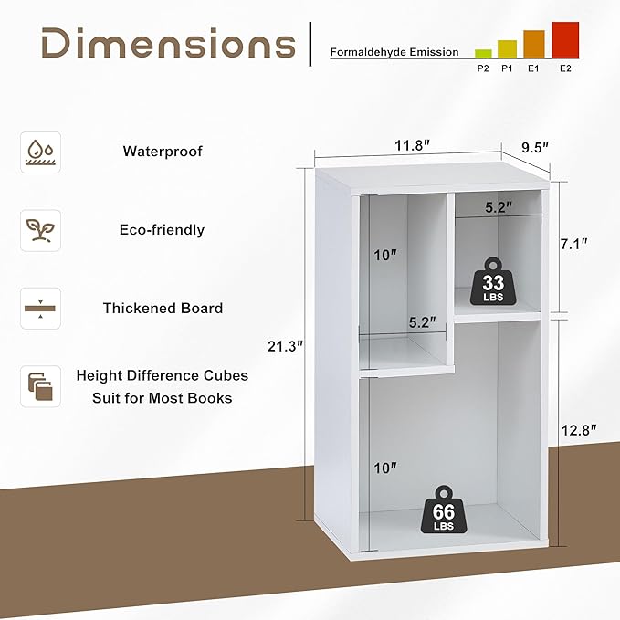 VECELO 3-Cube Bookcase, 2-Tier Customized Storage Display Shelf, Bookshelf with Height Difference Fits Tallest Hardcovers, Horizontal Available, Free Standing for Home Office, Pearl White