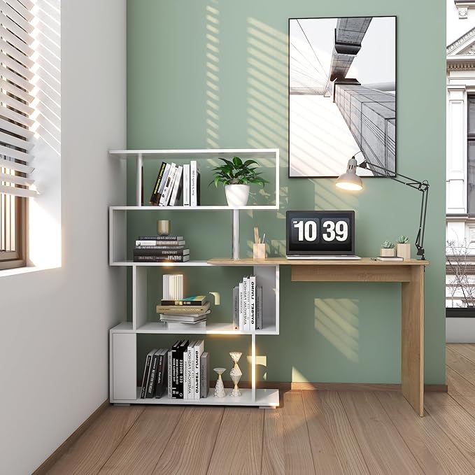 41.7" L Shaped Desk with 4-Tier Storage Shelves, Computer Corner Desk for Study Home Office Living Room (Oak and White)