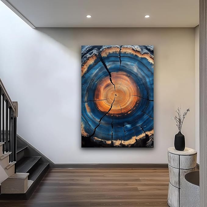 IBHJSART Framed Tree Ring Canvas Wall Art Blue Wall Art Wood Stump Painting Prints Modern Minimalist Pictures Neutral Nature Rustic Farmhouse Decor Living Room Bedroom Bathroom Office