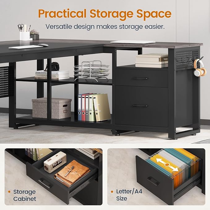 71 in Executive Desk with Power Outlets, Reversible L Shaped Computer Desk with File Drawers & Storage Shelves, Large Office Desk with Pegboard, Mobile CPU Stand, Modern Corner Desk (Grey)