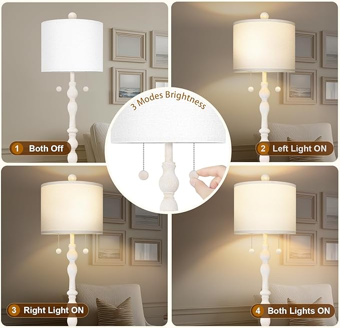 Scenekoy 65.5” Natural Real Wood Floor Lamp for Living Room Bedroom, Dual S Cluster Socket, Pull Chains Switch, Farmhouse Tall Standing Lamp with Linen Shade for Home Room Decor (Bulbs Included)