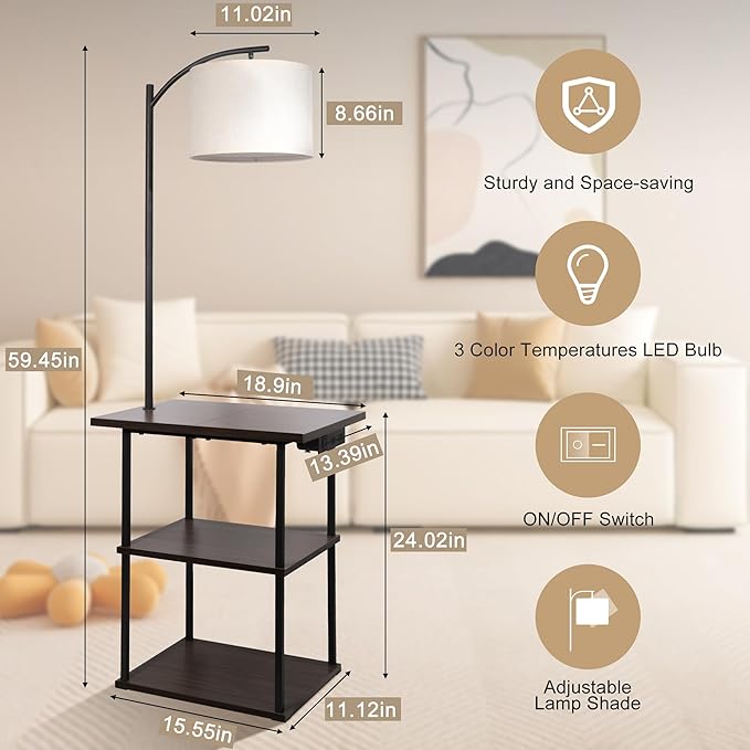 PESRAE Floor Lamp with Table, End Tables with Charging Station(USB & Type-C & AC Port), 3 Color Temperatures 9W LED Bulb, Modern Shelves Side Table for Bedroom, Living Room