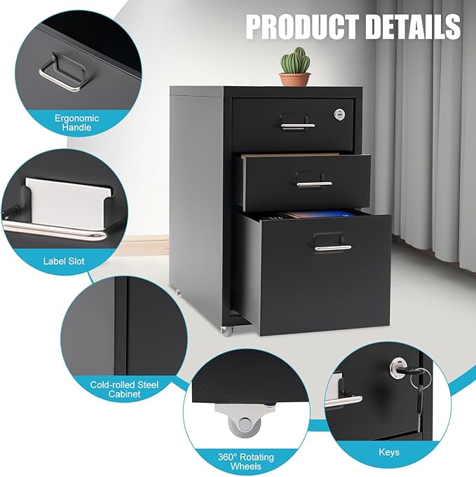 3 Drawer Vertical File Cabinet, Filing Cabinets for Home Office, Metal Vertical File Storage Cabinet with Lock, Locking File Cabinet for Office, Study, Dresser, 11" W x 16" D x 18.3" H, Black (Black)