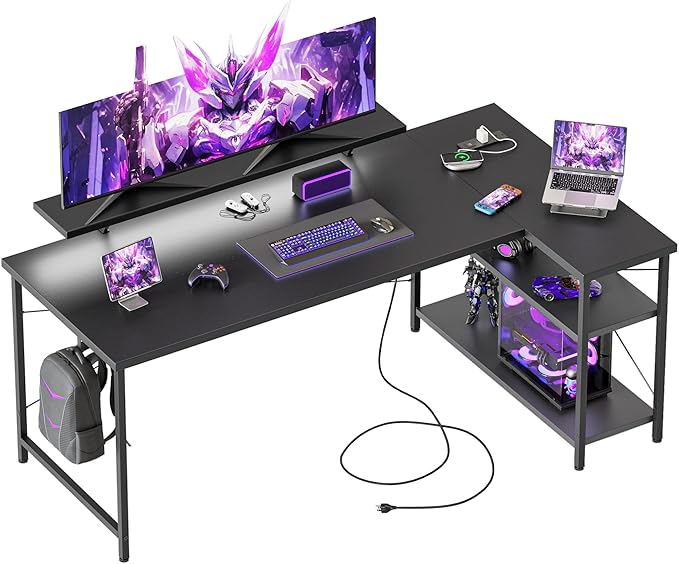 Mericonia Small L Shaped Computer Desk with Power Outlets, Reversible Gaming Desk with Storage Shelves & Monitor Stand, Corner Gamer Desk Table, Study Writing Table