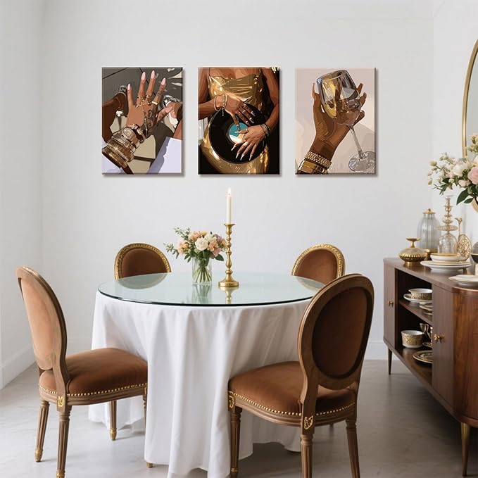 TUEASKY 3 Piece Canvas Wall Art Black Girl Wall Decor Music Record Pictures Paintings Gold Fashion African American Prints Y2K Artwork for Living Room Pop Bar Party