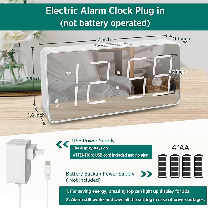 Peakeep Digital Clock, Alarm Clock Battery Backup Powered for Bedrooms – Mirror Face Large Numbers 6 Dimmer for Seniors, Super Loud for Heavy Sleepers (White)
