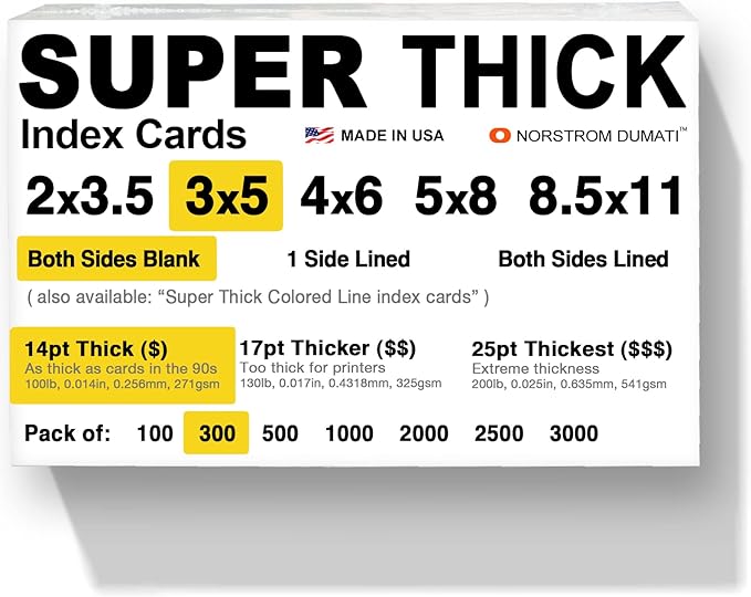 300 SUPER THICK index cards / 3"x5" / 14pt (0.014") 100lb / blank un-ruled/archival acid-free