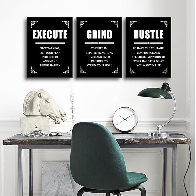 Inspirational Canvas Wall Art Entrepreneur Positive Quotes Poster Print Execute Grind Hustle Motivational Office Wall Decor Suitable for Bedroom Living Room Gym Classroom Easy to Hang [36''Wx16''H]