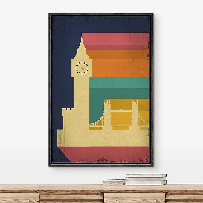 IDEA4WALL Framed Canvas Print Wall Art Retro Vintage British Big Ben Poster Cultural Building Illustrations Modern Art Contemporary Scenic Warm for Living Room, Bedroom, Office - 24"x36" BLACK