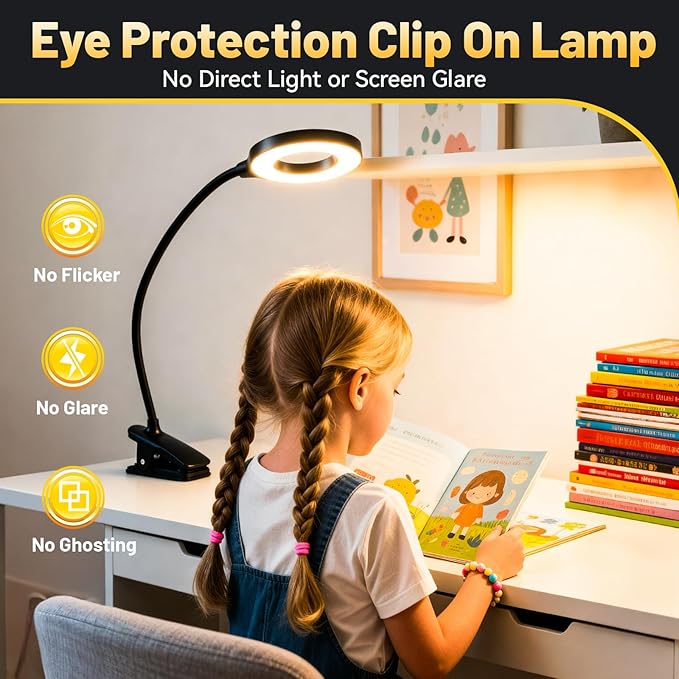 Clip on Reading Light for Bed Headboard, Rechargeable Battery with Large Clamp, 5 Colors & 5 Brightness Flexible Neck Desk Lamp, Eye Protection LED Touch Control Book Light for Kids, Bunk Bed, (Black)