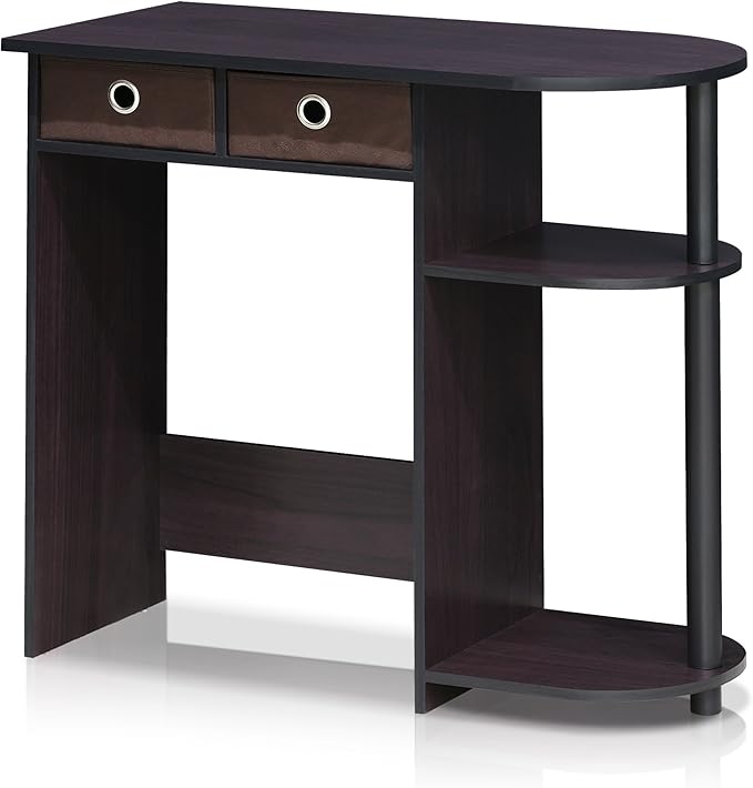 Furinno GO GREEN Desk, 31.5" Wide Gaming Desk with 2 Side Shelves and Storage Bins, Computer Desk, Office Desk for Home Office, Study Room, Dorm, Bedroom, Dark Walnut