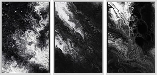 SIGNFORD Framed Wall Art Print Set Black and White Marble Abstract Modern Fluid Digital Art Modern Art Contemporary for Living Room, Bedroom, Office - 24"x36"x3 WHITE