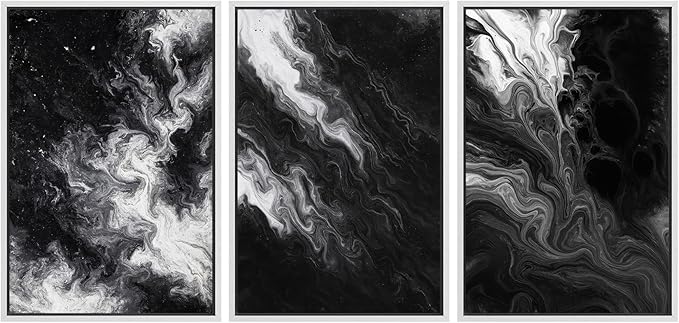 SIGNFORD Framed Wall Art Print Set Black and White Marble Abstract Modern Fluid Digital Art Modern Art Contemporary for Living Room, Bedroom, Office - 16"x24"x3 WHITE
