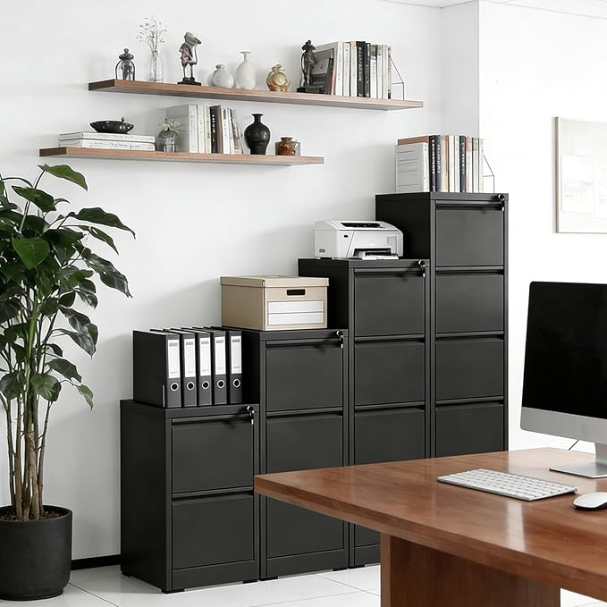 Metal File Cabinet 4 Drawers, Vertical Filing Cabinet for Home Office, File Cabinets with Lock for Legal Letter Size Hanging File Folders Storage Cabinet, (Black)