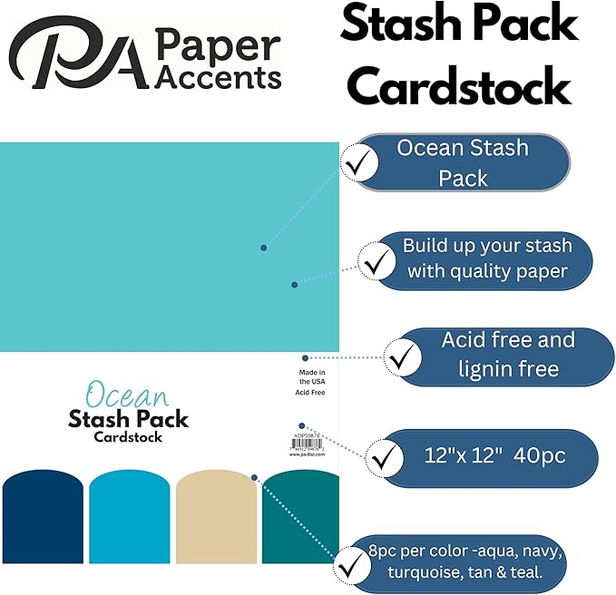 PA Paper Accents Stash Pack Cardstock Pack 12" x 12" Ocean colored cardstock paper for card making, scrapbooking, printing, quilling and crafts, 65lb., 40 pieces