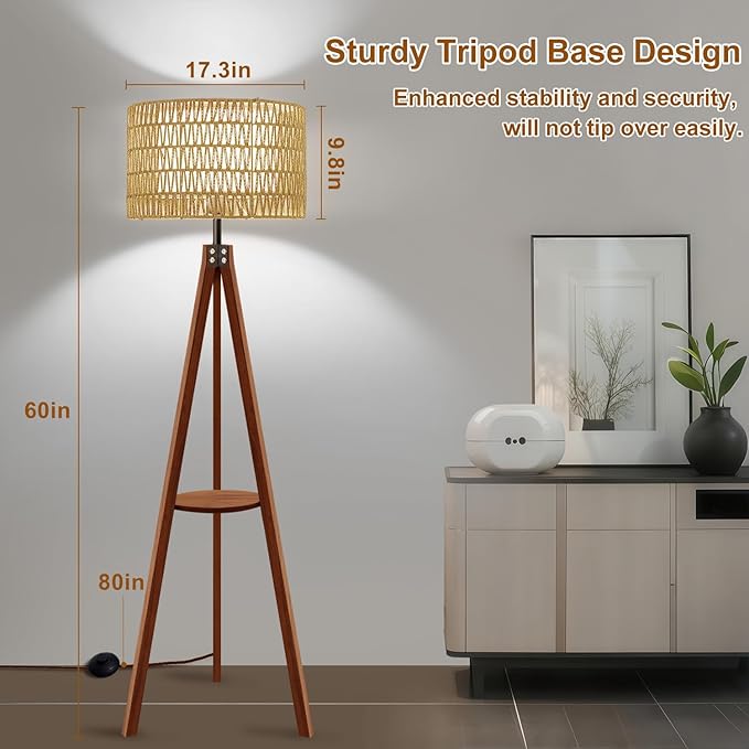 Boho Rattan Floor Lamp with Shelf & Bulb Included, Wicker Tripod Floor Lamp 3 Color Temperatures, Wood Rustic Tall Lamps with Foot Switch, Walnut Boho Standing Lamps for Living Room Bedroom