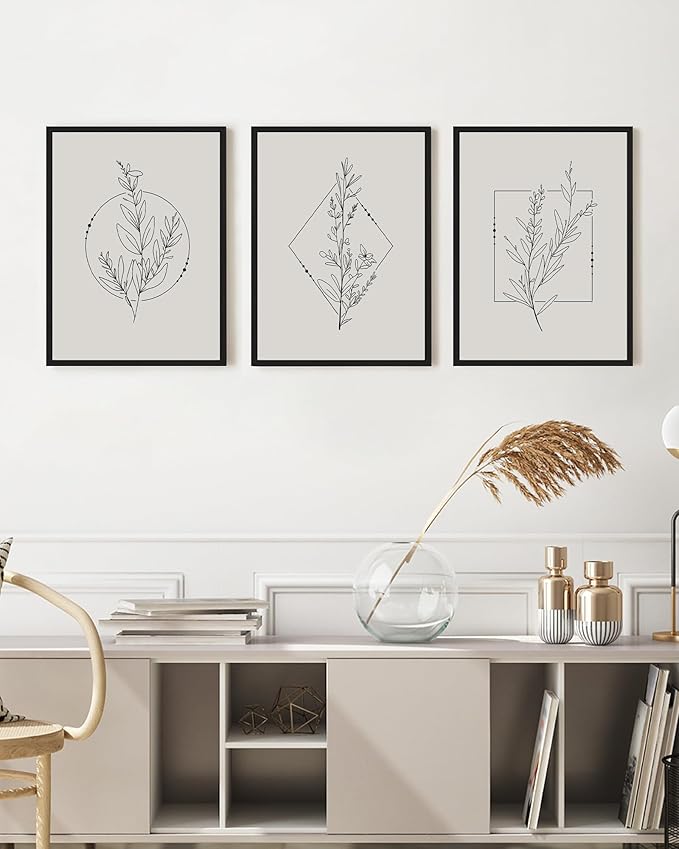 Drsoum Minimalist Flower Wall Art Vintage Wall Hanging Decor Black Line Botanical Prints Artwork for Office Dining Room Hallway 11x14in Black Framed