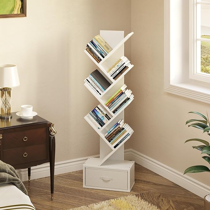 Rolanstar 7 Tier Bookshelf with Drawer, Tree Bookshelf, Small Bookshelves with Storage Rack for CDs/Movies/Books, Standing Book Shelf, Tall Narrow Bookcase for Living Room, Bedroom, White