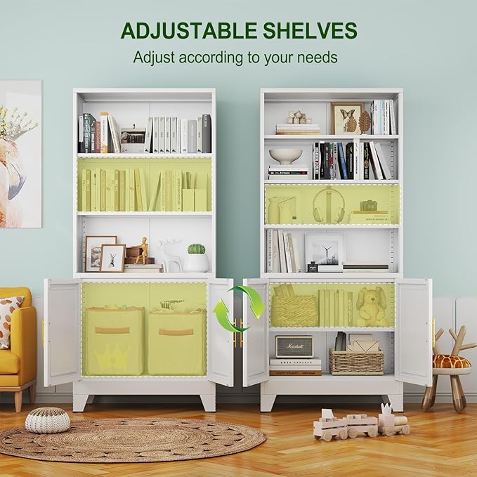 Metal Bookcase with Doors, White 71" Tall Bookcase with Storage, Floor Industrial Bookshelves and Bookcases 6 Tier Shelf Dispaly Storage Shelves for Home Office, Living Room, Bedroom, White