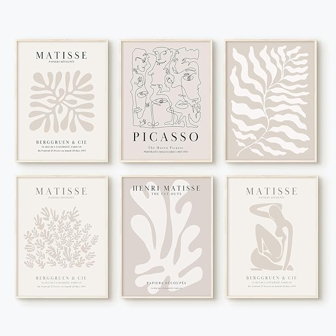 Youillne Henri Matisse Wall Art Prints Flower Abstract Canvas Pictures Aesthetic Beige Wall Art Decor Matisse Picasso Poster Gallery Vintage Painting Artwork for Bedroom 12x16 Inch Unframed Set of 6