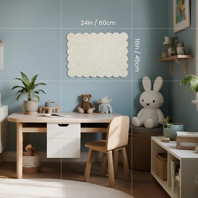 Scalloped Bulletin Board, 24 x 18 Inches Felt Pin Board - Decorative Cork Alternative for Wall, Foldable Picture Self-Adhesive Vision Prayer Board with 20 Pushpins - Oatmeal