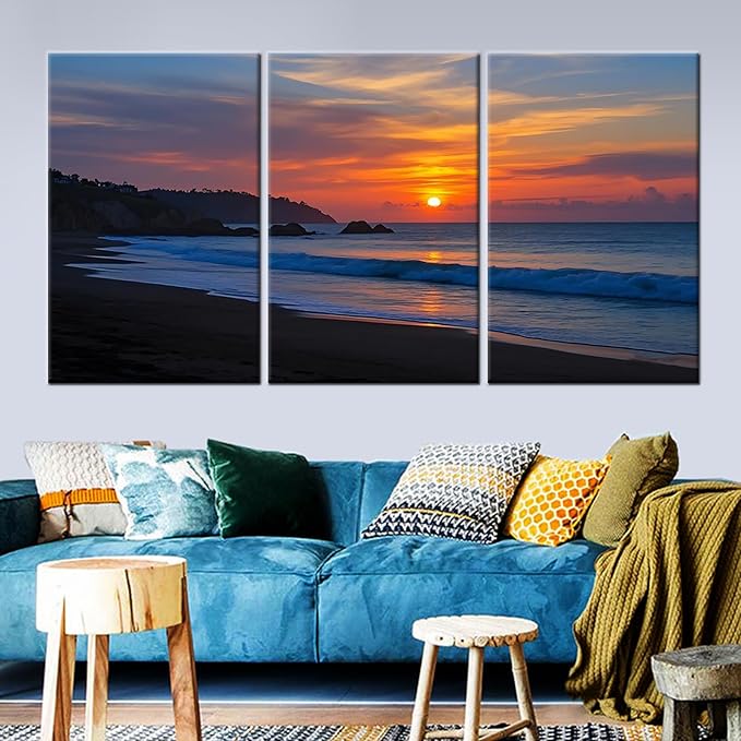 Beach Scenery Wall Art Sandy Beach at Dusk Landscape Canvas Poster Print Summer Natural Scenery Picture Painting for Modern Home Hotel Wall Decoration Stretched and Framed [72''Wx36''H]