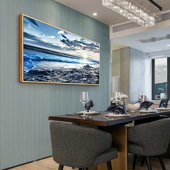 Lapremoly Blue Beach Sun Ocean Landscape Painting Large Wall Art For Living Room Wood Framed Wall Decor For Bedroom Modern Office Decor Canvas Prints Artwork Seascape Hang Pictures Home Decoration