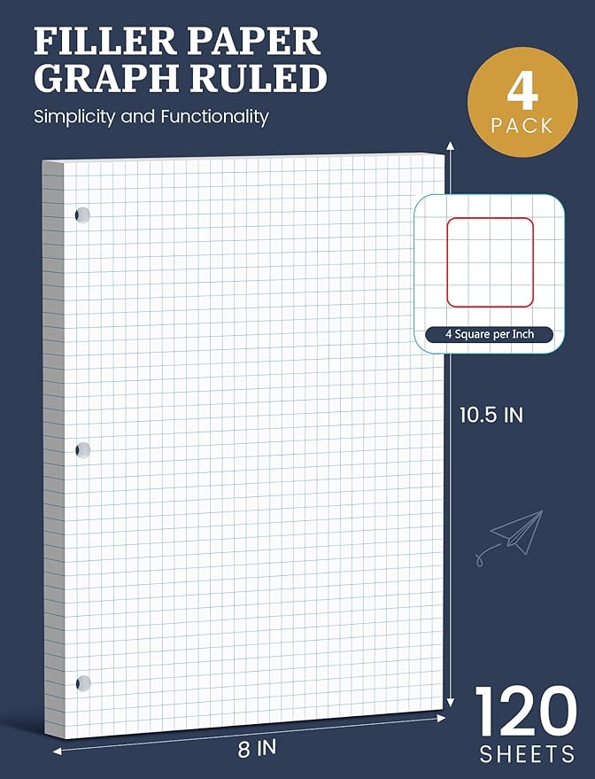 480 Sheets Graph Paper Loose Leaf 8 x 10.5, 8 x 10-1/2’’ Blueprint Quadrille Pad, 4x4 Graph Ruled Filler Paper, 3-Hole Punched Grip Papers Lined Bulk, Loose Leaf Paper 8 x 10.5 with 3-Ring for Binder
