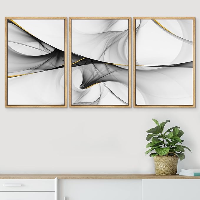SIGNWIN Framed Canvas Print Wall Art Set 3D Geometric Smoke Wave Landscape Abstract Shapes Illustrations Modern Art Decorative Nordic Zen Chic for Living Room, Bedroom, Office - 16"x24"x3 Natural
