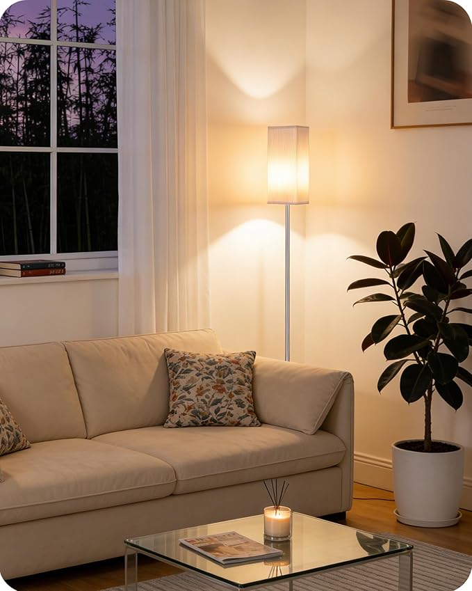 64.2''Dimmable Floor Lamp for Living Room with Remote and Foot Switch, Corner Floor Lamp for Bedroom, Includes 10W A19 Bulb, Modern Standing Tall Lamp, ETL Listed, Silver and White SCW17LD05