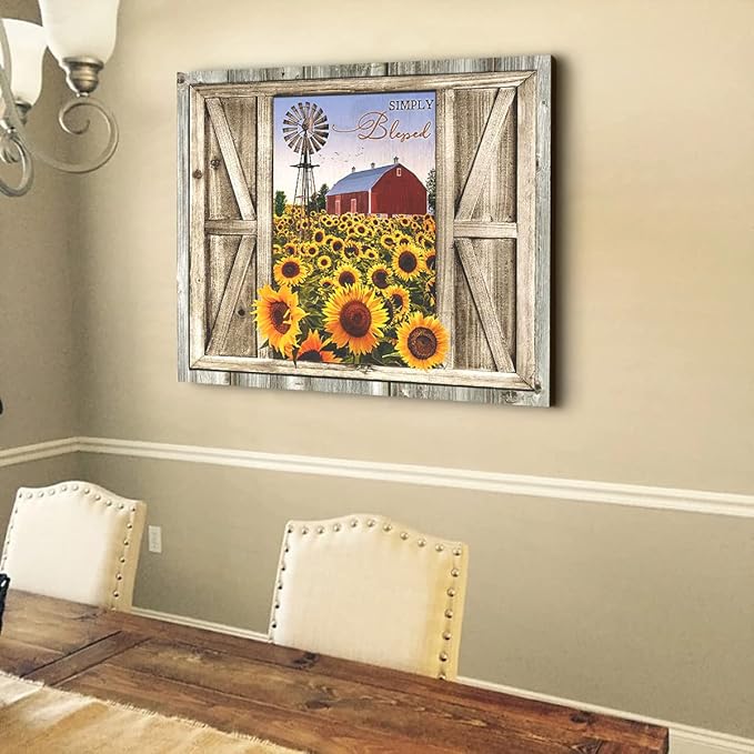 Parylore Sunflower Wall Art Canvas Print Rustic Wall Decor Sunflower Field Red Barn And Windmill Painting Framed Modern Artwork for Living Room Bedroom Bathroom Office Home Decor 16x20 In