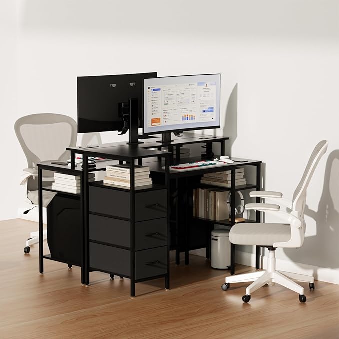 VINGLI 47 Inch L-Shaped Computer Desk, Small Computer Gaming Desk with Fabric Drawers & Storage Shelves, Charging Station, Monitor Stand for Home, Office, Black