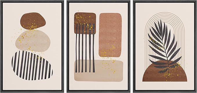IDEA4WALL Framed Canvas Print Wall Art Set Geometric Mid-Century Pastel Polygon Tropical Leaf Abstract Shapes Illustrations Modern Art Nordic for Living Room, Bedroom, Office - 24"x36"x3 Black