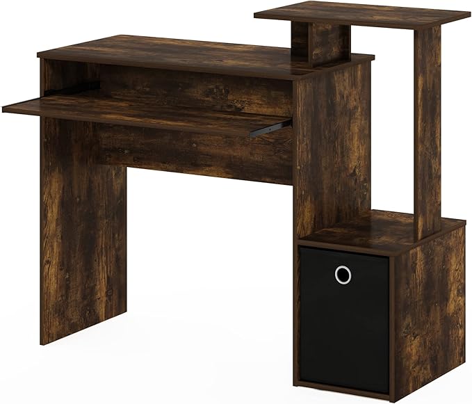 Furinno ECON Desk, Gaming Desk with Keyboard Tray, Computer Desk, Office Desk with Side Shelves and Storage Bin, 40-Inch, for Home Office, Study Room, Dorm, Amber Oak