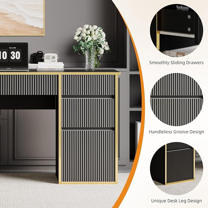 Black Computer Desk with Drawers, 58 Inch Home Office Desk with File Drawers for Bedroom, Executive Desk with Storage for Study, Black and Gold