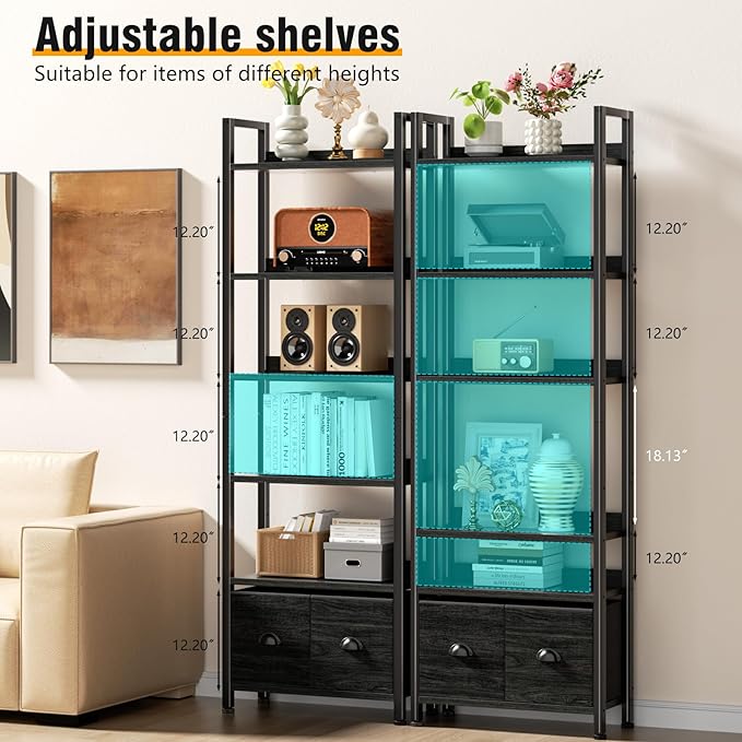 Furologee 6-Tier Bookshelf, Tall Bookcase with 2 Drawers Storage Organizer, Industrial Display Free Standing Shelf Units, Wood and Metal Storage Rack for Home Office, Bedroom, Black Oak