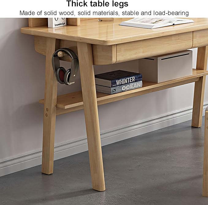 SAZDFY Solid Wood Writing Desk with Drawer and Shelves,Home Office Desk Workstation with Hooks, Modern Work Writing Desk PC Study Table for Small Spaces(120x60x75cm(47x24x30inch), Wood)