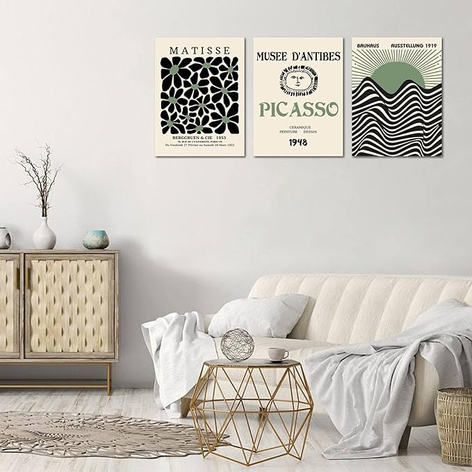 FAEKSUR Sage Green Matisse Wall Art Set of 3, Abstract Art Prints, Framed Geometric Line Sun Rising Green Canvas Artwork, Bedroom, Office