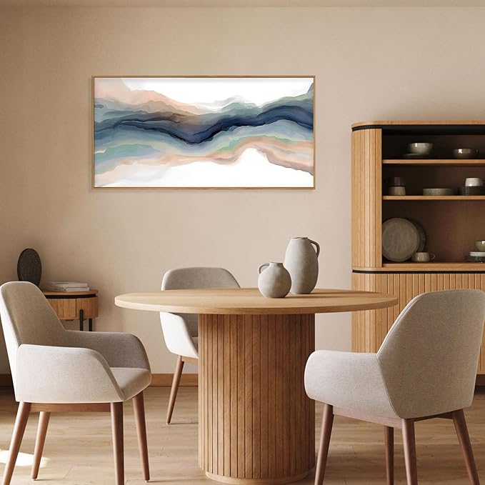 HLNIUC Navy Blue Abstract Framed Canvas Wall Art, Watercolor Wave Line Horizontal Wall Decor, Long Teal Orange Coastal Artwork(40"x20"), Large Neutral Modern Prints for Living Room, Bedroom, Office