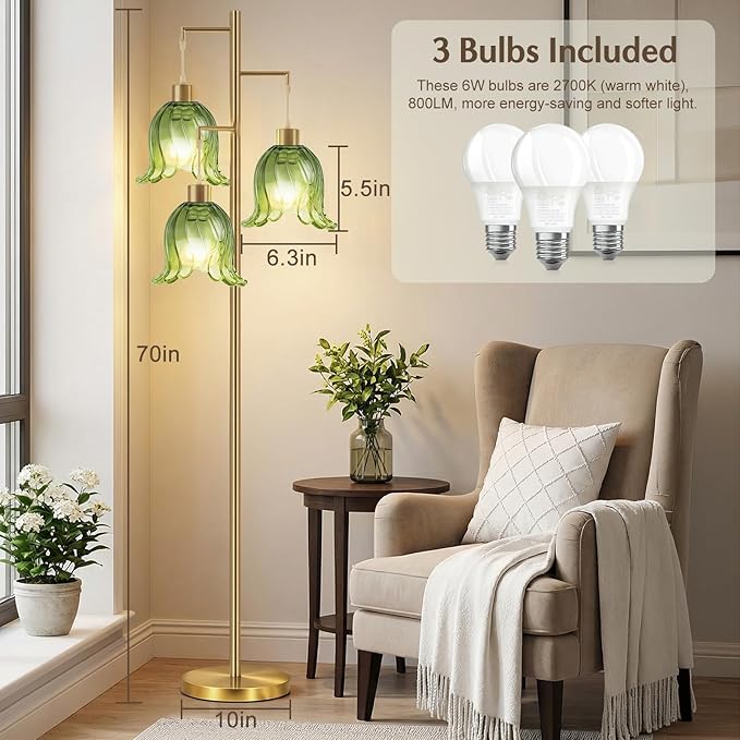 Gold Floor Lamp for Living Room,Bedroom,Tree 3 Light Standing Lamp Mid Century Modern Tall Floor Lamps Vintage Retro Floor Lights Unique Glass Green Flower Lamp Shade Farmhouse Boho Bohemian
