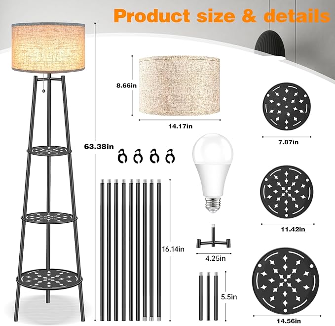 Floor Lamp with Shelves, Modern Standing Lamp with 3 Color Temperature LED Bulbs, Corner Floor Lamps for Living Room & Bedroom, Lamparas Elegantes para Sala (Beige Lampshade, 1)