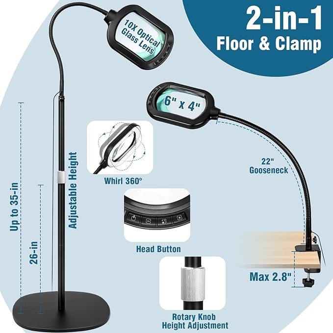 Large Magnifying Glass with Light and Stand, 10X Rectangle Optical Real Glass Lens, Height Adjustable Gooseneck Magnifier Floor Lamp, 5 Color Modes LED Dimmable Lighted Hands Free for Close Work Craft