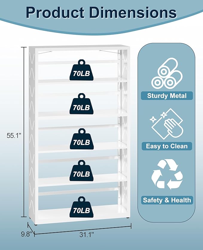 5 Tier Steel Bookshelf, Metal Bookcase with Adjustable Shelves for Home Office, Kitchen, Garage, Modern Storage Dispaly Shelves with Anti-Tip Protection, Heavy-Duty Home Storage Organizer - White