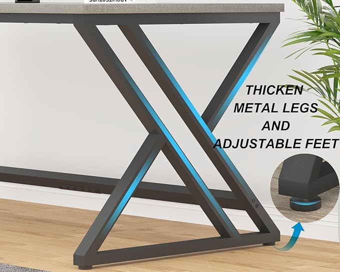 HSH 70.8 Modern Office Desk, Large Long Wood Metal Computer Desk, Industrial Double Executive Desks for Two People, Rustic PC Workstation Work Study Writing Computer Table for Home, Light Grey Oak